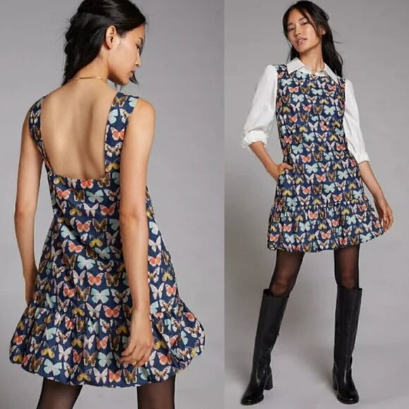 Anthropologie Maeve Butterfly Mod Mini Dress 10P Bubble Hem Blogger Fav Petite - Picture 1 of 15